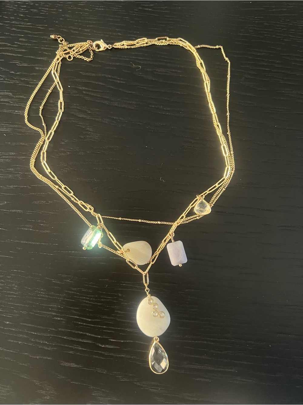 Anthropologie Gold Layered Necklace with Iridescent, Shell & Pale Blue Charms